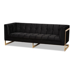 Baxton Studio Ambra Glam and Luxe Black Velvet Upholstered and Button Tufted Sofa with Gold-Tone Frame